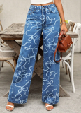 Fashionable And Versatile Casual Loose Wide-Leg Printed Denim Trousers