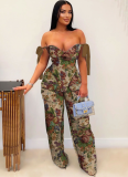 Street Polyester Bateau Neck Pattern Floral Sleeveless Two-piece Pants Set