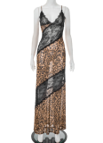 Leopard Print Lace Deep V Strap Fishtail Maxi Dress