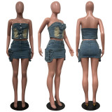Fashion Retro Wrapped Chest Style Single-breasted Stretch Washed Denim Skirt Suit