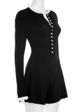 Fashionable Contrast Color Single-Breasted Long-Sleeved Tight Jumpsuit