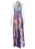 Fashionable Gradient Color Pleated Halterneck Backless Dress For Women
