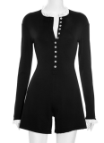 Fashionable Contrast Color Single-Breasted Long-Sleeved Tight Jumpsuit