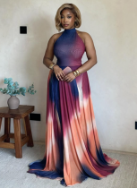 Fashionable Gradient Color Pleated Halterneck Backless Dress For Women