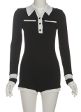 Fashion Contrast Color Lapel Button Slim Fit Long Sleeve Super Short Jumpsuit For Women
