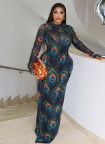 Printed Sexy Slightly Transparent High-Neck Long-Sleeved Slim-Fit Hip Dress