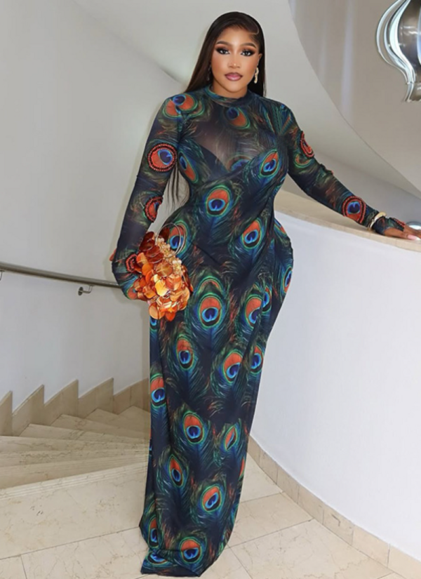 Printed Sexy Slightly Transparent High-Neck Long-Sleeved Slim-Fit Hip Dress