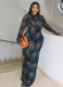Printed Sexy Slightly Transparent High-Neck Long-Sleeved Slim-Fit Hip Dress