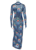 Printed Sexy Slightly Transparent High-Neck Long-Sleeved Slim-Fit Hip Dress
