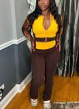 Spliced Contrast Color Round Neck Short Sleeve High Waist Slightly Flared Pants Two-piece Suit