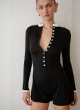 Fashionable Contrast Color Single-Breasted Long-Sleeved Tight Jumpsuit