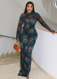Printed Sexy Slightly Transparent High-Neck Long-Sleeved Slim-Fit Hip Dress