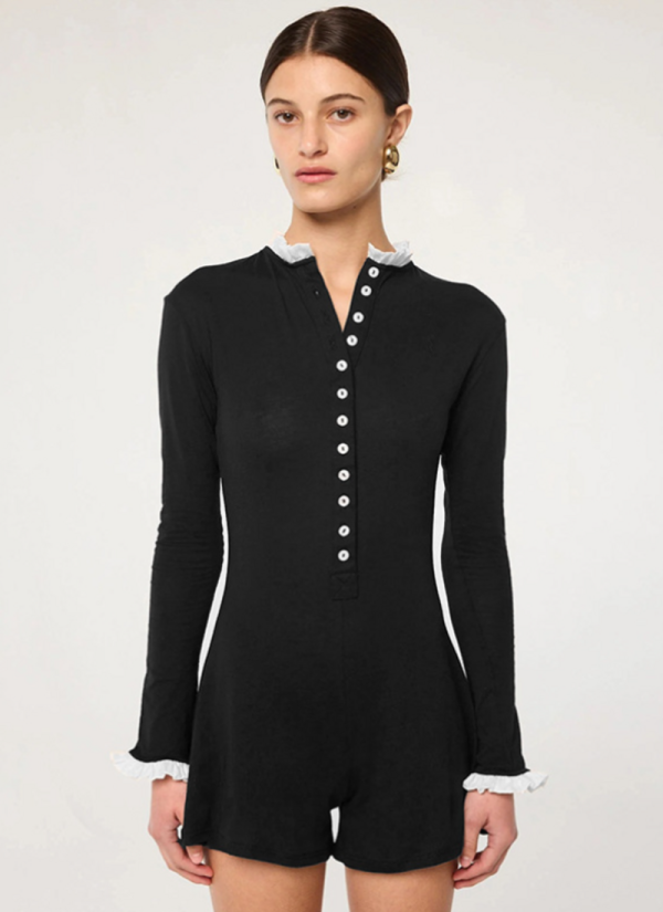 Fashionable Contrast Color Single-Breasted Long-Sleeved Tight Jumpsuit