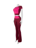 Spliced Contrast Color Round Neck Short Sleeve High Waist Slightly Flared Pants Two-piece Suit