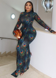 Printed Sexy Slightly Transparent High-Neck Long-Sleeved Slim-Fit Hip Dress