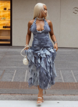 Retro Style Halterneck Pleated U-Neck Waist Dress