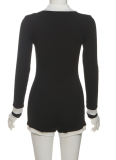 Fashion Contrast Color Lapel Button Slim Fit Long Sleeve Super Short Jumpsuit For Women