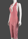 Striped Hot-Selling New Hollow Exposed Back Strap Short Jumpsuit