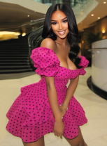 Puff Sleeve Polka Dot Fitted Short A-Line Dress