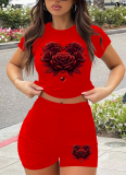 Casual Sports Round Neck Short-Sleeved Shorts Printed Two-Piece Suit