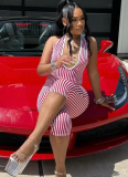 Striped Hot-Selling New Hollow Exposed Back Strap Short Jumpsuit