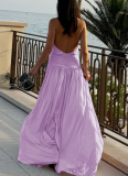 New Solid Color Pleated Slit Sexy Backless Halter Dress