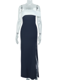 Slim-Fit Black And White Contrast Tube Top Backless Slit Dress