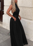 New Solid Color Pleated Slit Sexy Backless Halter Dress