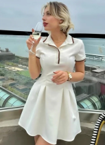 White Elegant Short-Sleeved Waist Dress