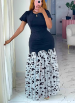 Summer Round Neck Mesh Floral Splicing French Maxi Dress