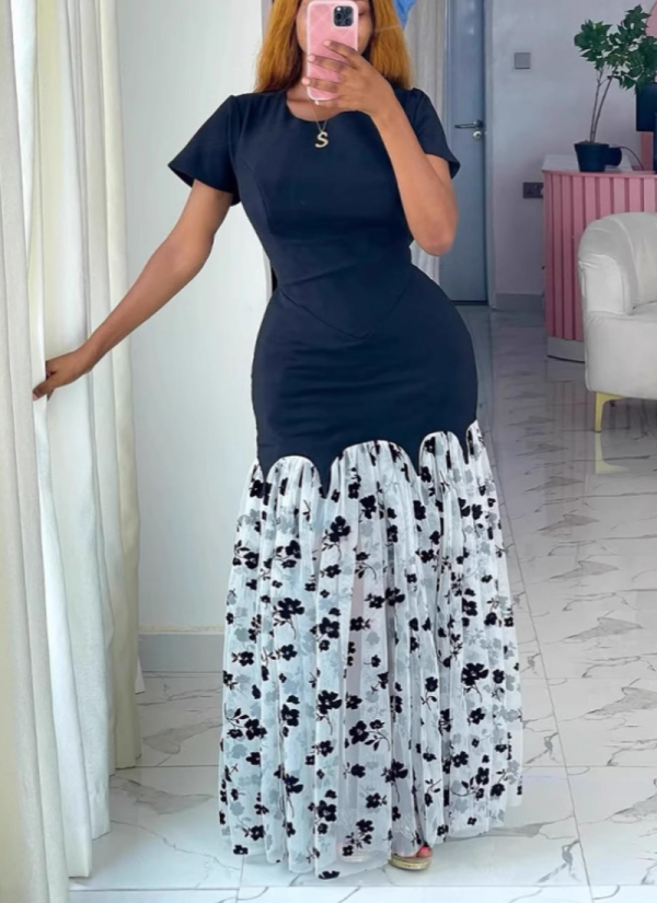 Summer Round Neck Mesh Floral Splicing French Maxi Dress