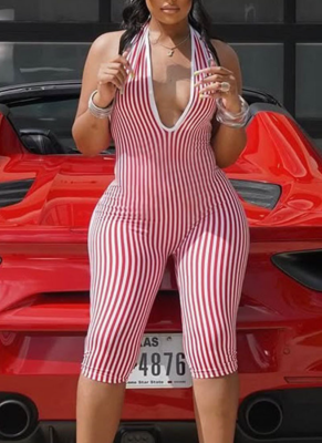 Striped Hot-Selling New Hollow Exposed Back Strap Short Jumpsuit