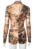Tie-Dye Distressed Long-Sleeved Zippered Cardigan And Leggings Two-Piece Set