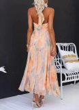 Resort-Style Sleeveless Printed Backless Oversized Dress