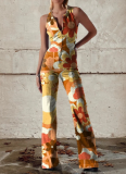 Fashionable Backless Slim-fitting Personalized Printed Jumpsuit
