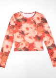 Autumn Round Neck Floral Print Long Sleeve Top Slim Fit Trousers Two-Piece Set