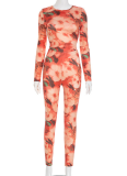 Autumn Round Neck Floral Print Long Sleeve Top Slim Fit Trousers Two-Piece Set