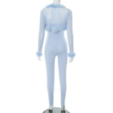 New Fur Collar Mesh Long-sleeved Shawl Tube Top Tight Jumpsuit Two-piece Suit