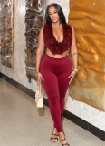 Furry Backless Bodysuit And Pants Two-Piece Set