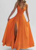 Fashion Solid Color Suspenders Sexy Slim Fit Slit Dress