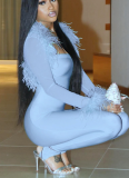 New Fur Collar Mesh Long-sleeved Shawl Tube Top Tight Jumpsuit Two-piece Suit