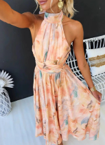 Resort-Style Sleeveless Printed Backless Oversized Dress