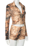 Tie-Dye Distressed Long-Sleeved Zippered Cardigan And Leggings Two-Piece Set