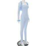 New Fur Collar Mesh Long-sleeved Shawl Tube Top Tight Jumpsuit Two-piece Suit