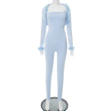 New Fur Collar Mesh Long-sleeved Shawl Tube Top Tight Jumpsuit Two-piece Suit