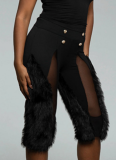 High-Waisted Metal Buckle See-Through Mesh Yarn Splicing Straight Casual Shorts