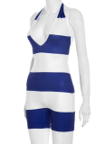 Spring And Summer Wide Striped Patchwork Halterneck Open Back Gathered Jumpsuit