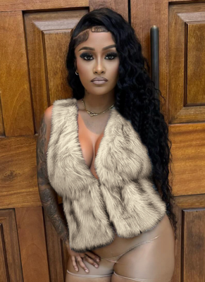 Sexy Fur Halterneck V-Neck Open-Back Sleeveless Drawstring Cropped Top