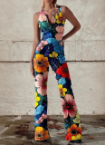 Fashionable Backless Slim-fitting Personalized Printed Jumpsuit