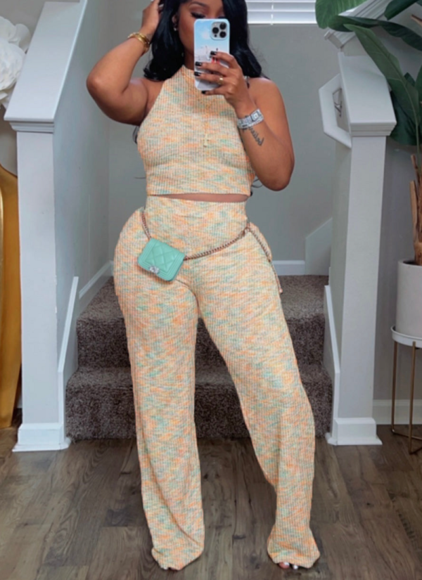 Summer Sleeveless Printed Wide-leg Trousers Two-piece Suit